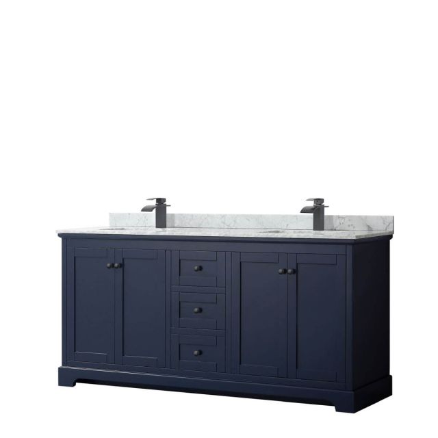 Wyndham Collection Avery 72 inch Double Bathroom Vanity in Dark Blue with White Carrara Marble Countertop, Undermount Square Sinks and Matte Black Trim WCV232372DBBCMUNSMXX