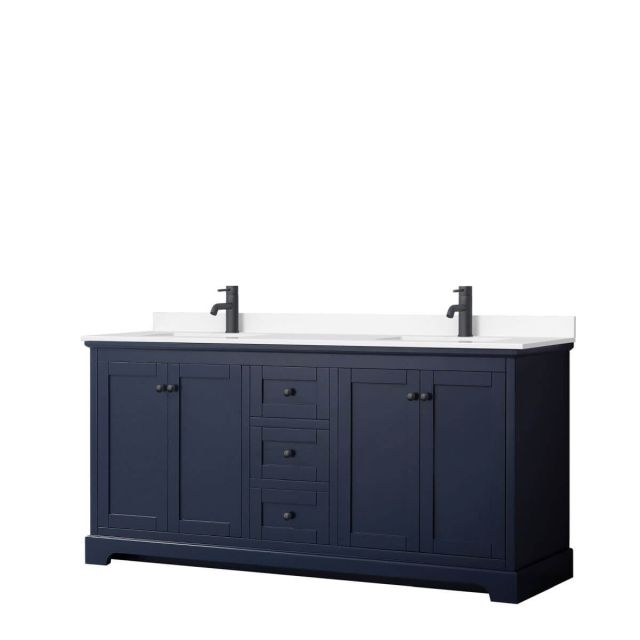 Wyndham Collection Avery 72 inch Double Bathroom Vanity in Dark Blue with White Cultured Marble Countertop, Undermount Square Sinks and Matte Black Trim WCV232372DBBWCUNSMXX