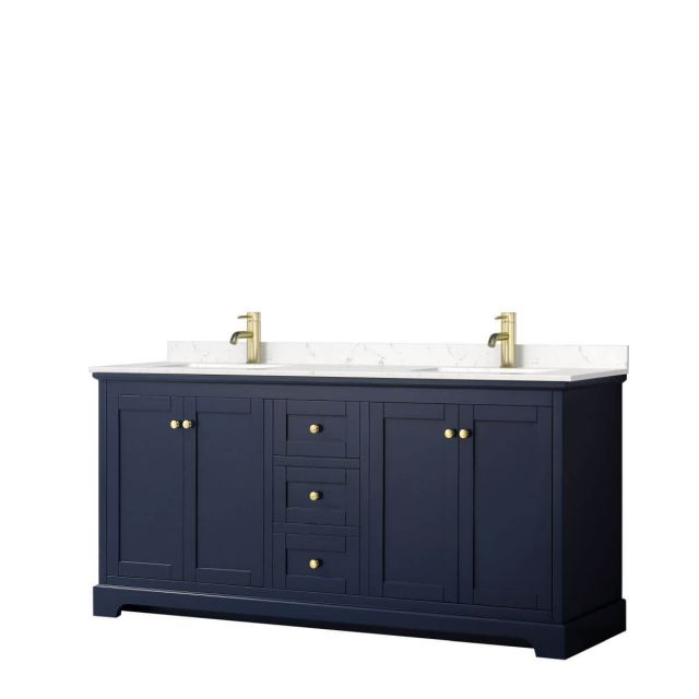Wyndham Collection Avery 72 inch Double Bathroom Vanity in Dark Blue with Light-Vein Carrara Cultured Marble Countertop, Undermount Square Sinks and No Mirror - WCV232372DBLC2UNSMXX