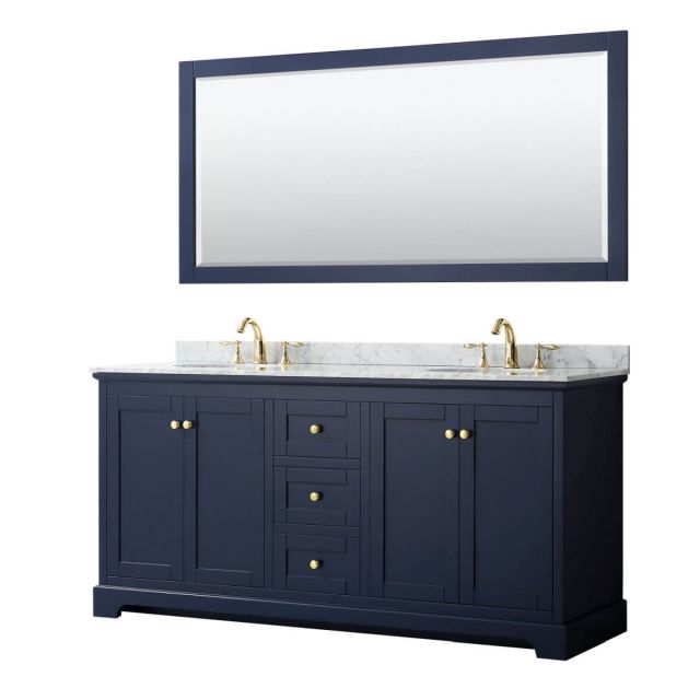 Wyndham Collection Avery 72 inch Double Bathroom Vanity in Dark Blue with White Carrara Marble Countertop, Undermount Oval Sinks and 70 inch Mirror - WCV232372DBLCMUNOM70