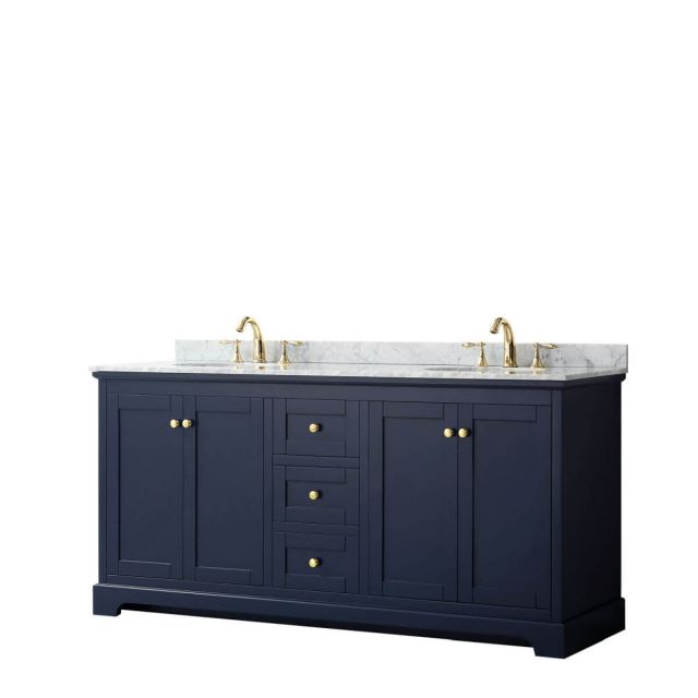 Wyndham Collection Avery 72 inch Double Bathroom Vanity in Dark Blue with White Carrara Marble Countertop, Undermount Oval Sinks and No Mirror - WCV232372DBLCMUNOMXX