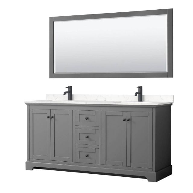 Wyndham Collection Avery 72 inch Double Bathroom Vanity in Dark Gray with Light-Vein Carrara Cultured Marble Countertop, Undermount Square Sinks, Matte Black Trim and 70 Inch Mirror WCV232372DGBC2UNSM70