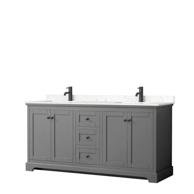 Wyndham Collection Avery 72 inch Double Bathroom Vanity in Dark Gray with Light-Vein Carrara Cultured Marble Countertop, Undermount Square Sinks and Matte Black Trim WCV232372DGBC2UNSMXX