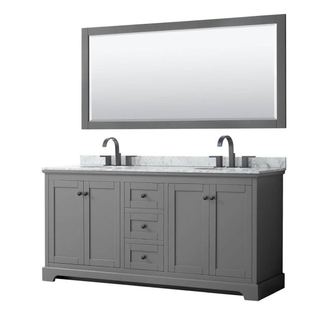 Wyndham Collection Avery 72 inch Double Bathroom Vanity in Dark Gray with White Carrara Marble Countertop, Undermount Oval Sinks, Matte Black Trim and 70 Inch Mirror WCV232372DGBCMUNOM70