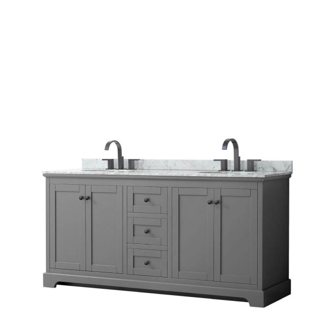 Wyndham Collection Avery 72 inch Double Bathroom Vanity in Dark Gray with White Carrara Marble Countertop, Undermount Oval Sinks and Matte Black Trim WCV232372DGBCMUNOMXX