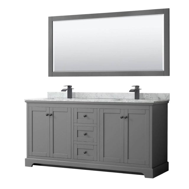 Wyndham Collection Avery 72 inch Double Bathroom Vanity in Dark Gray with White Carrara Marble Countertop, Undermount Square Sinks, Matte Black Trim and 70 Inch Mirror WCV232372DGBCMUNSM70