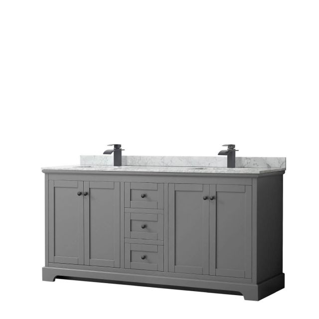 Wyndham Collection Avery 72 inch Double Bathroom Vanity in Dark Gray with White Carrara Marble Countertop, Undermount Square Sinks and Matte Black Trim WCV232372DGBCMUNSMXX