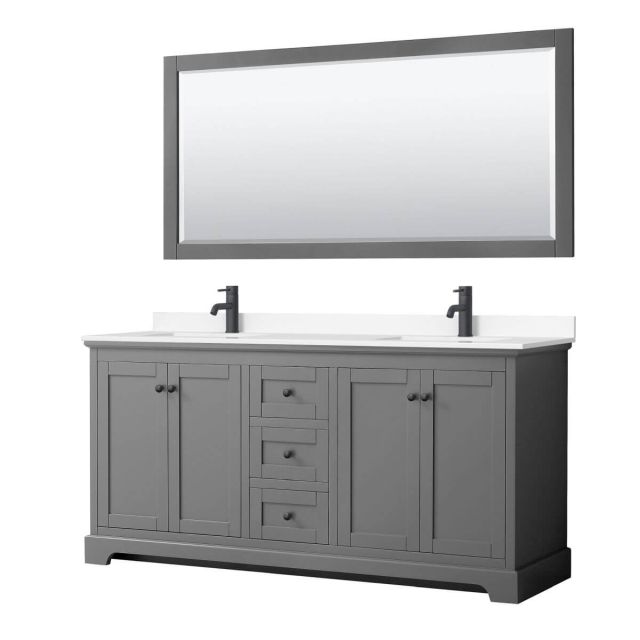 Wyndham Collection Avery 72 inch Double Bathroom Vanity in Dark Gray with White Cultured Marble Countertop, Undermount Square Sinks, Matte Black Trim and 70 Inch Mirror WCV232372DGBWCUNSM70
