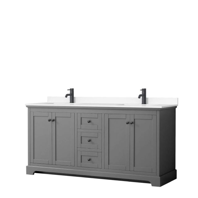 Wyndham Collection Avery 72 inch Double Bathroom Vanity in Dark Gray with White Cultured Marble Countertop, Undermount Square Sinks and Matte Black Trim WCV232372DGBWCUNSMXX