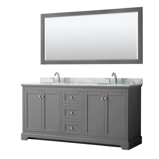 Wyndham Collection Avery 72 inch Double Bathroom Vanity in Dark Gray with White Carrara Marble Countertop, Undermount Oval Sinks and 70 inch Mirror - WCV232372DKGCMUNOM70