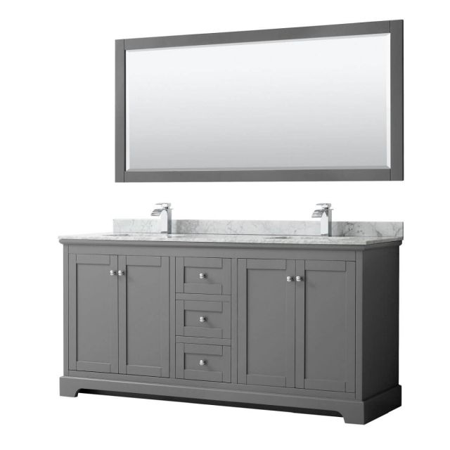 Wyndham Collection Avery 72 inch Double Bathroom Vanity in Dark Gray with White Carrara Marble Countertop, Undermount Square Sinks and 70 inch Mirror - WCV232372DKGCMUNSM70