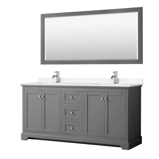 Wyndham Collection Avery 72 inch Double Bathroom Vanity in Dark Gray with White Cultured Marble Countertop, Undermount Square Sinks and 70 inch Mirror - WCV232372DKGWCUNSM70