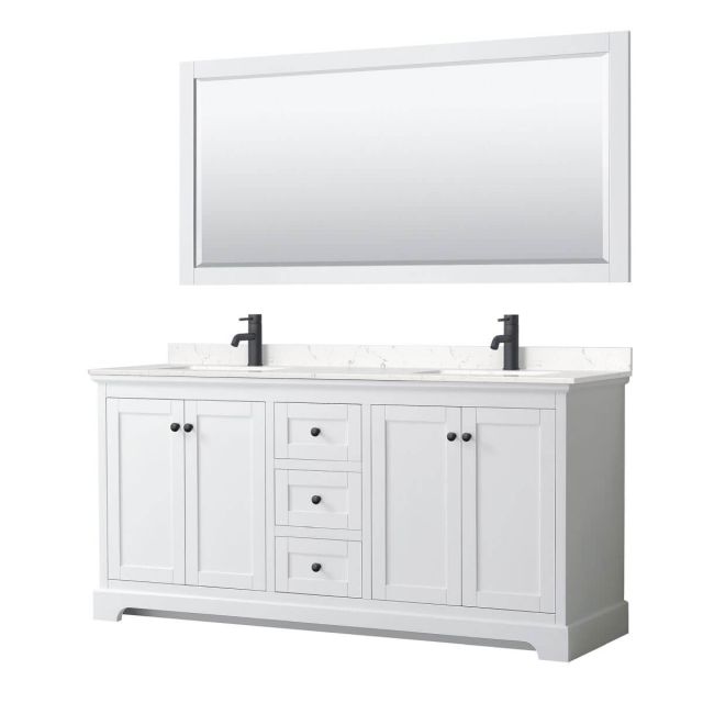 Wyndham Collection Avery 72 inch Double Bathroom Vanity in White with Light-Vein Carrara Cultured Marble Countertop, Undermount Square Sinks, Matte Black Trim and 70 Inch Mirror WCV232372DWBC2UNSM70