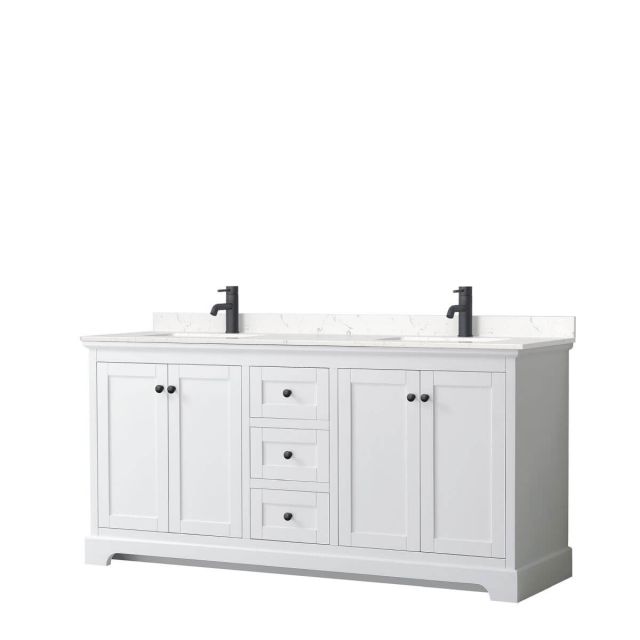Wyndham Collection Avery 72 inch Double Bathroom Vanity in White with Light-Vein Carrara Cultured Marble Countertop, Undermount Square Sinks and Matte Black Trim WCV232372DWBC2UNSMXX