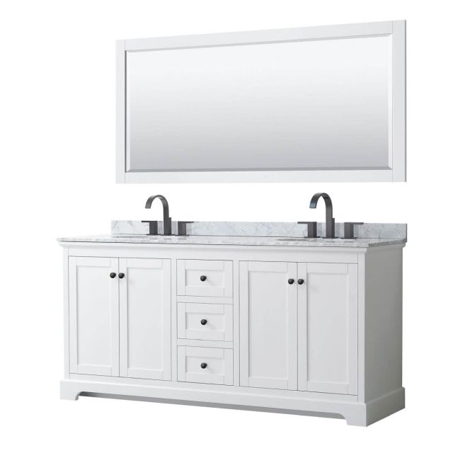 Wyndham Collection Avery 72 inch Double Bathroom Vanity in White with White Carrara Marble Countertop, Undermount Oval Sinks, Matte Black Trim and 70 Inch Mirror WCV232372DWBCMUNOM70