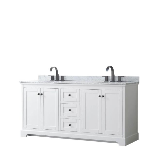 Wyndham Collection Avery 72 inch Double Bathroom Vanity in White with White Carrara Marble Countertop, Undermount Oval Sinks and Matte Black Trim WCV232372DWBCMUNOMXX