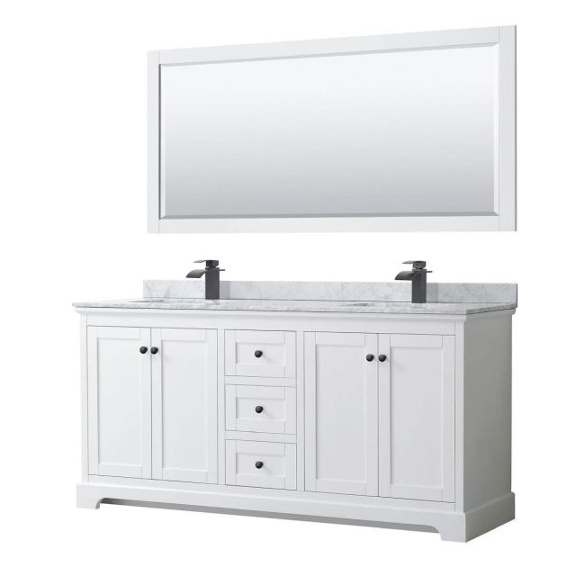 Wyndham Collection Avery 72 inch Double Bathroom Vanity in White with White Carrara Marble Countertop, Undermount Square Sinks, Matte Black Trim and 70 Inch Mirror WCV232372DWBCMUNSM70