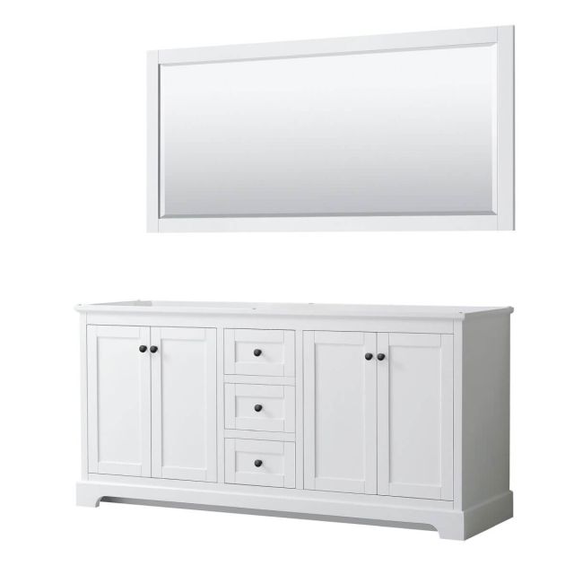 Wyndham Collection Avery 72 inch Double Bathroom Vanity in White with 70 Inch Mirror, Matte Black Trim, No Countertop and No Sinks WCV232372DWBCXSXXM70