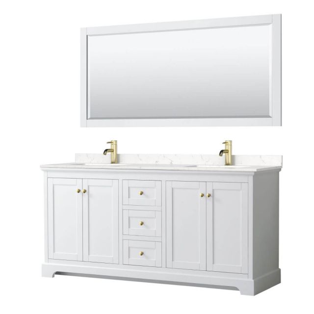 Wyndham Collection Avery 72 inch Double Bathroom Vanity in White with Light-Vein Carrara Cultured Marble Countertop, Undermount Square Sinks, 70 inch Mirror and Brushed Gold Trim - WCV232372DWGC2UNSM70