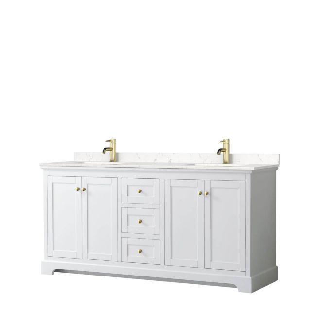 Wyndham Collection Avery 72 inch Double Bathroom Vanity in White with Light-Vein Carrara Cultured Marble Countertop, Undermount Square Sinks and Brushed Gold Trim - WCV232372DWGC2UNSMXX