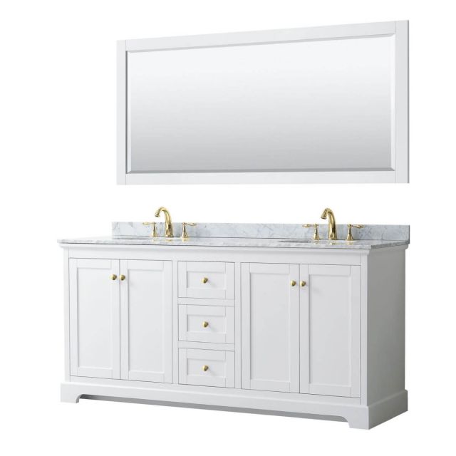 Wyndham Collection Avery 72 inch Double Bathroom Vanity in White with White Carrara Marble Countertop, Undermount Oval Sinks, 70 inch Mirror and Brushed Gold Trim - WCV232372DWGCMUNOM70