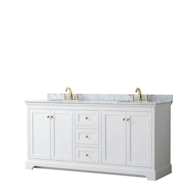 Wyndham Collection Avery 72 inch Double Bathroom Vanity in White with White Carrara Marble Countertop, Undermount Oval Sinks and Brushed Gold Trim - WCV232372DWGCMUNOMXX