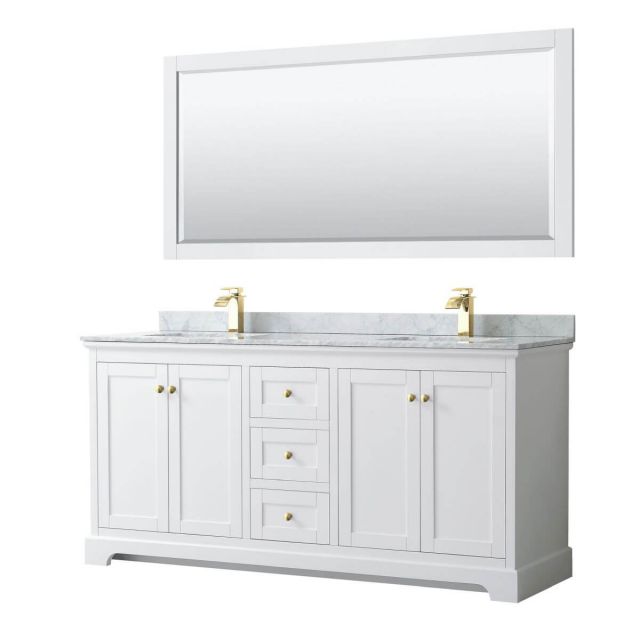 Wyndham Collection Avery 72 inch Double Bathroom Vanity in White with White Carrara Marble Countertop, Undermount Square Sinks, 70 inch Mirror and Brushed Gold Trim - WCV232372DWGCMUNSM70