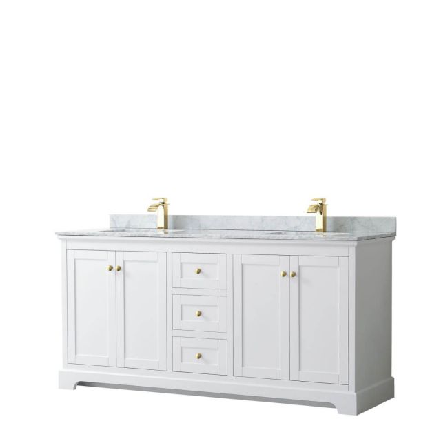 Wyndham Collection Avery 72 inch Double Bathroom Vanity in White with White Carrara Marble Countertop, Undermount Square Sinks and Brushed Gold Trim - WCV232372DWGCMUNSMXX