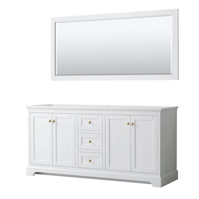 Wyndham Collection Avery 72 inch Double Bathroom Vanity in White with 70 inch Mirror, Brushed Gold Trim, No Countertop and No Sinks, - WCV232372DWGCXSXXM70