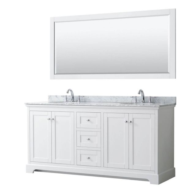 Wyndham Collection Avery 72 inch Double Bathroom Vanity in White with White Carrara Marble Countertop, Undermount Oval Sinks and 70 inch Mirror - WCV232372DWHCMUNOM70