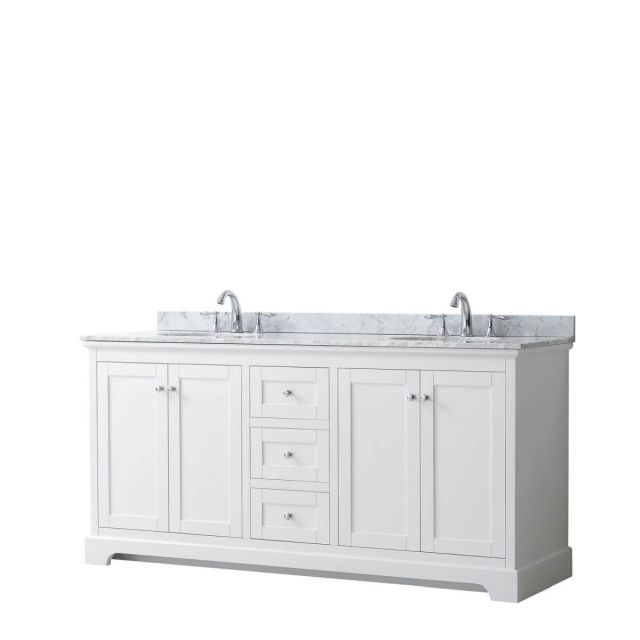 Wyndham Collection Avery 72 inch Double Bathroom Vanity in White with White Carrara Marble Countertop, Undermount Oval Sinks and No Mirror - WCV232372DWHCMUNOMXX