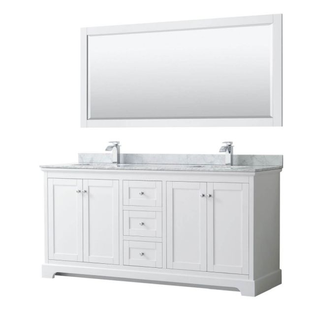 Wyndham Collection Avery 72 inch Double Bathroom Vanity in White with White Carrara Marble Countertop, Undermount Square Sinks and 70 inch Mirror - WCV232372DWHCMUNSM70