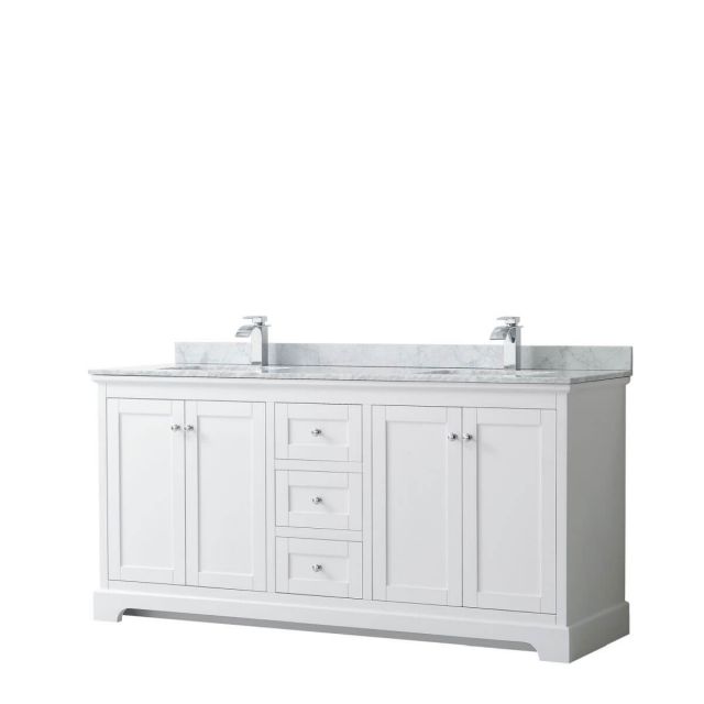 Wyndham Collection Avery 72 inch Double Bathroom Vanity in White with White Carrara Marble Countertop, Undermount Square Sinks and No Mirror - WCV232372DWHCMUNSMXX