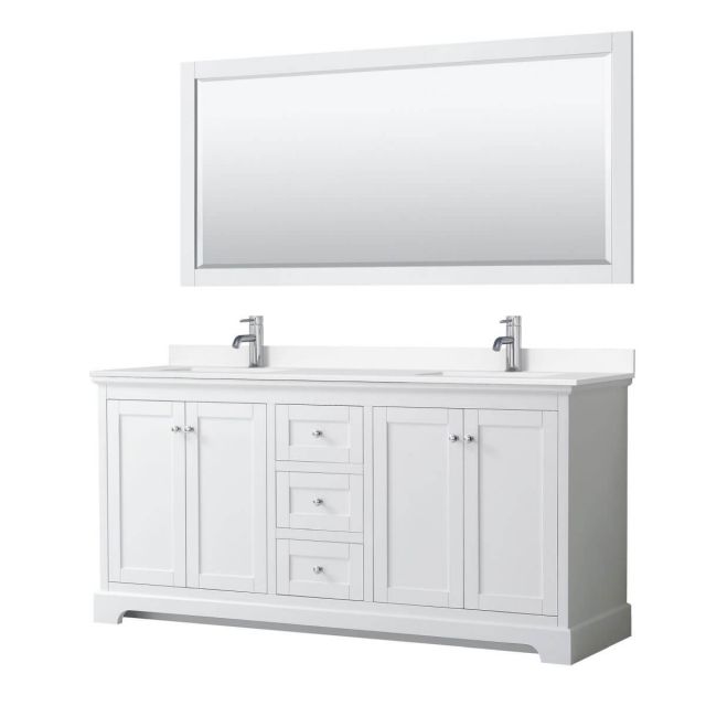 Wyndham Collection Avery 72 inch Double Bathroom Vanity in White with White Cultured Marble Countertop, Undermount Square Sinks and 70 inch Mirror - WCV232372DWHWCUNSM70