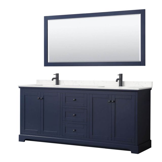 Wyndham Collection Avery 80 inch Double Bathroom Vanity in Dark Blue with Light-Vein Carrara Cultured Marble Countertop, Undermount Square Sinks, Matte Black Trim and 70 Inch Mirror WCV232380DBBC2UNSM70