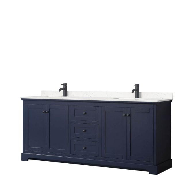 Wyndham Collection Avery 80 inch Double Bathroom Vanity in Dark Blue with Light-Vein Carrara Cultured Marble Countertop, Undermount Square Sinks and Matte Black Trim WCV232380DBBC2UNSMXX