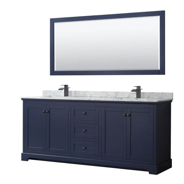 Wyndham Collection Avery 80 inch Double Bathroom Vanity in Dark Blue with White Carrara Marble Countertop, Undermount Square Sinks, Matte Black Trim and 70 Inch Mirror WCV232380DBBCMUNSM70