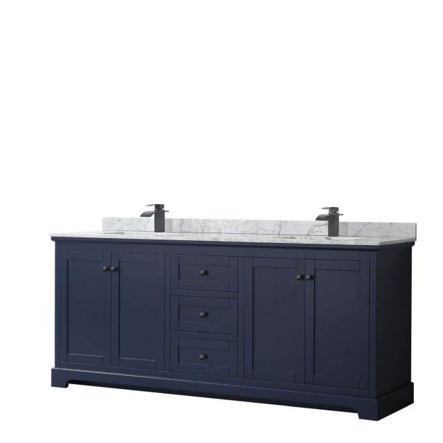 Wyndham Collection Avery 80 inch Double Bathroom Vanity in Dark Blue with White Carrara Marble Countertop, Undermount Square Sinks and Matte Black Trim WCV232380DBBCMUNSMXX