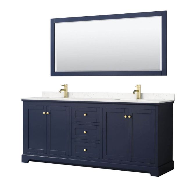 Wyndham Collection Avery 80 inch Double Bathroom Vanity in Dark Blue with Light-Vein Carrara Cultured Marble Countertop, Undermount Square Sinks and 70 inch Mirror - WCV232380DBLC2UNSM70