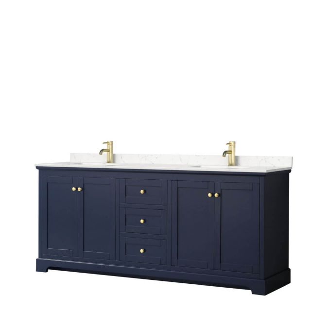 Wyndham Collection Avery 80 inch Double Bathroom Vanity in Dark Blue with Light-Vein Carrara Cultured Marble Countertop, Undermount Square Sinks and No Mirror - WCV232380DBLC2UNSMXX