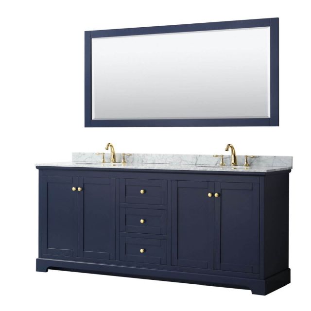 Wyndham Collection Avery 80 inch Double Bathroom Vanity in Dark Blue with White Carrara Marble Countertop, Undermount Oval Sinks and 70 inch Mirror - WCV232380DBLCMUNOM70