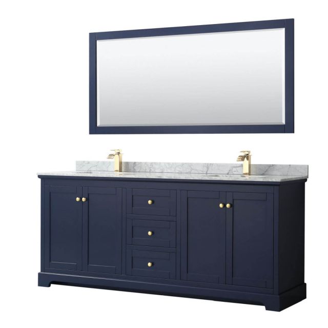 Wyndham Collection Avery 80 inch Double Bathroom Vanity in Dark Blue with White Carrara Marble Countertop, Undermount Square Sinks and 70 inch Mirror - WCV232380DBLCMUNSM70