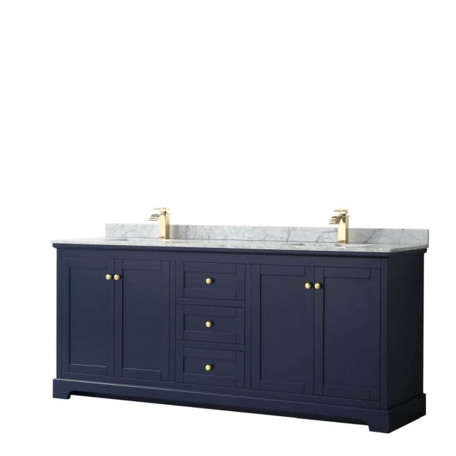 Wyndham Collection Avery 80 inch Double Bathroom Vanity in Dark Blue with White Carrara Marble Countertop, Undermount Square Sinks and No Mirror - WCV232380DBLCMUNSMXX