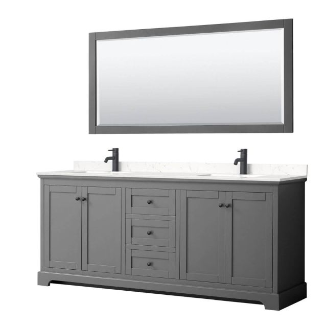 Wyndham Collection Avery 80 inch Double Bathroom Vanity in Dark Gray with Light-Vein Carrara Cultured Marble Countertop, Undermount Square Sinks, Matte Black Trim and 70 Inch Mirror WCV232380DGBC2UNSM70
