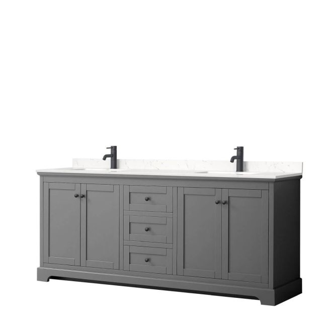 Wyndham Collection Avery 80 inch Double Bathroom Vanity in Dark Gray with Light-Vein Carrara Cultured Marble Countertop, Undermount Square Sinks and Matte Black Trim WCV232380DGBC2UNSMXX