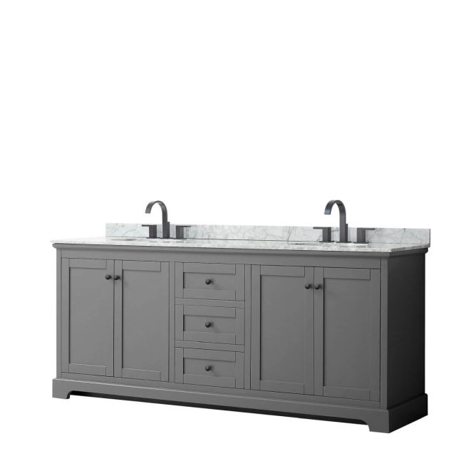 Wyndham Collection Avery 80 inch Double Bathroom Vanity in Dark Gray with White Carrara Marble Countertop, Undermount Oval Sinks and Matte Black Trim WCV232380DGBCMUNOMXX