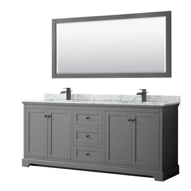 Wyndham Collection Avery 80 inch Double Bathroom Vanity in Dark Gray with White Carrara Marble Countertop, Undermount Square Sinks, Matte Black Trim and 70 Inch Mirror WCV232380DGBCMUNSM70