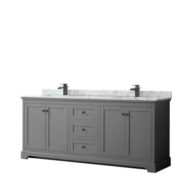 Wyndham Collection Avery 80 inch Double Bathroom Vanity in Dark Gray with White Carrara Marble Countertop, Undermount Square Sinks and Matte Black Trim WCV232380DGBCMUNSMXX