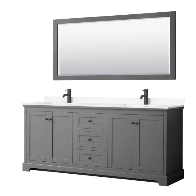Wyndham Collection Avery 80 inch Double Bathroom Vanity in Dark Gray with White Cultured Marble Countertop, Undermount Square Sinks, Matte Black Trim and 70 Inch Mirror WCV232380DGBWCUNSM70