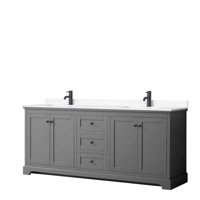 Wyndham Collection Avery 80 inch Double Bathroom Vanity in Dark Gray with White Cultured Marble Countertop, Undermount Square Sinks and Matte Black Trim WCV232380DGBWCUNSMXX